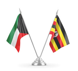 Uganda and Kuwait table flags isolated on white 3D rendering