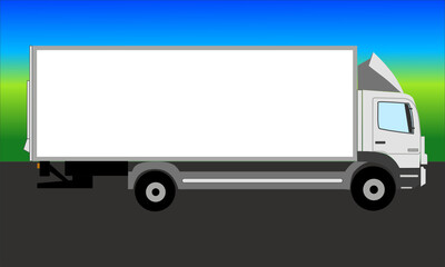 Nach rechts gerichteter wei&szlig;er Lkw auf einer Stra&szlig;e und blau gr&uuml;nem Hintergrund mit Farbverlauf