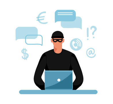 Online crime concept illustration, online social media fraud. A swindler and a thief are working at the computer. Vector flat illustration isolated on white background
