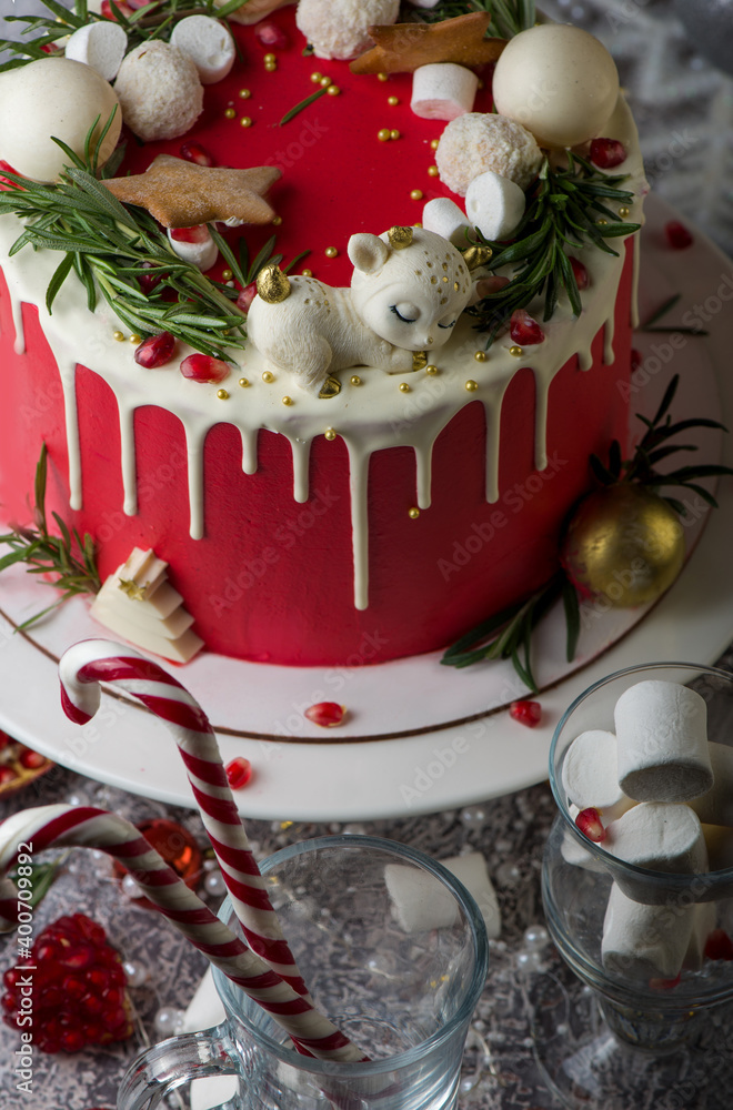 Poster 2021 is the year of the bull. Christmas or New Year decorated cake with cream cheese