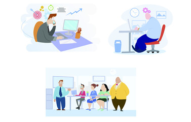 Flat illustration of office life activity, calling client, typing on laptop and presentatio