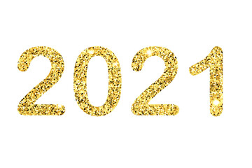 2021 number with bright sparkles. Golden Vector luxury 2021 text with glitter for your design. Stock vector illustration on white isolated background.