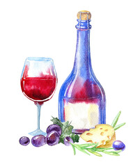 Red wine bottle,rosemary, grapes and cheese.Picture of a alcoholic drink.Watercolor hand drawn illustration.
