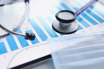 Stethoscope and a protective mask are on tablet