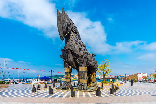 Canakkale, Turkey - March 20, 2019 : Wooden Horse view in Canakkale, Turkey. After the filming of the movie Troy,The wooden horse that was used as a prop was donated to the city of Canakkale