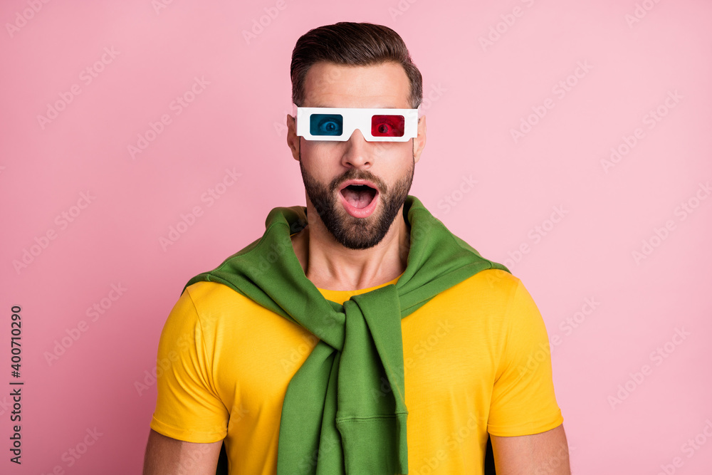 Sticker Photo of amazed astonished man wear 3d glasses impressed reaction wear jumper on shoulders isolated on pink color background