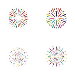 Set of Decorative colorful fireworks explosions isolated on white background. New Year's Eve fireworks. Festive sparks and explosions. Vector illustration