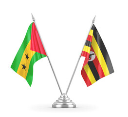 Uganda and Sao Tome and Principe table flags isolated on white 3D rendering