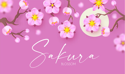 Sakura blossom and moon. Cute pink cherry flowers. Japanese traditional design. O-Hanami-blossom festival. Spring is coming