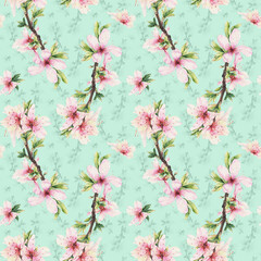Spring almond blossom. Seamless pattern. Watercolor handmade illustration of blooming branches