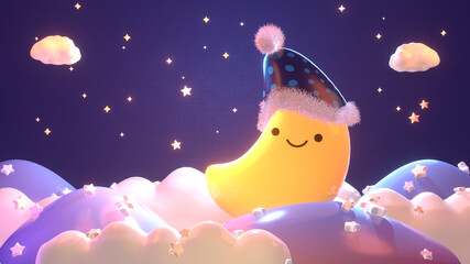 Cartoon smiling moon wearing a nightcap with fluffy pom pom on the clouds at night. 3d rendering picture.