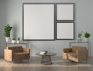 Picture frame attached to the wall, with chairs and vases placed on the table.