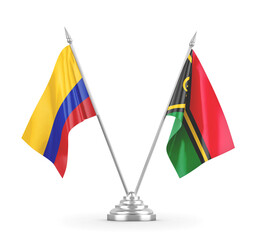 Vanuatu and Colombia table flags isolated on white 3D rendering