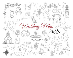 Wedding invitation card with elements. Vector isolated map creator for engagement . Hand drawn illustration for marrige ceremony.
