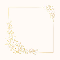 Flourish ornate frame. Floral golden corner wreath for wedding card. Vector isolated elegant gold flower border. 