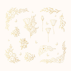 Flourish golden ornate corners with flowers. Floral bouquets for wedding card. Vector isolated gold elegant foliage borders. 