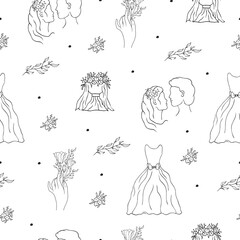 Bride and groom faces with floral bouquets, dresses for invitation card background. Vector isolated elegant foliage wedding seamless pattern. 