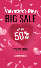 Valentine's day big sale promo standing banner design. Realistic heart and ribbon decoration. Vector template for advertising.