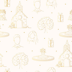 Golden bride and groom faces, fountain, chapel, wedding tree for invitation card background. Vector isolated elegant gold wedding seamless pattern. 