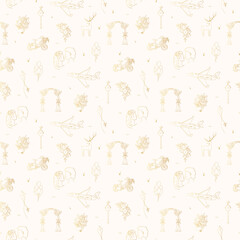 Vector isolated golden elegant foliage wedding seamless pattern. Bride and groom faces with floral bouquets, air baloons, airplane for gold invitation card background. 