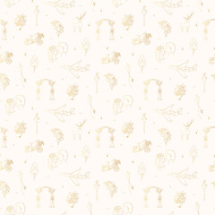 Vector isolated golden elegant foliage wedding seamless pattern. Bride and groom faces with floral bouquets, air baloons, airplane for gold invitation card background. 