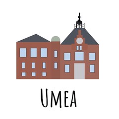  Umea Town Hall, beautiful architecture style building. Hand drawn vector illustration isolated on white background.