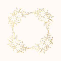 Golden flourish ornate square wreath with rustic herb or brunch. Floral gold frame for wedding card. Vector isolated elegant foliage border. 