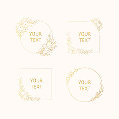 Set of hand drawn branding frames with gold flower and floral borders for invitation cards. Vector isolated golden elegant flourish wedding badges. 