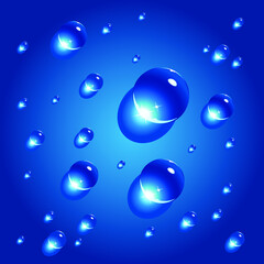 Vector Illustration of realistic water drops different shapes and size with reflection isolated on background.