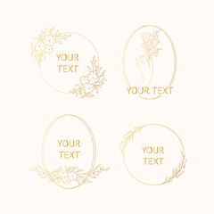 Set of hand drawn branding frames with gold flower wreaths, floral borders, branches, bouquet for invitation cards. Vector isolated golden elegant fancy wedding badges. 