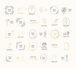 Big set of hand drawn golden branding frames with flowers, floral branches, engagement elements, cocktails for invitation cards.  Vector isolated gold elegant, foliage, fancy wedding badges. 