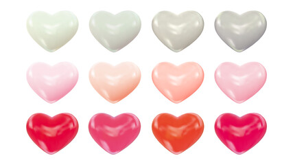 Set of realistic ceramic hearts for Valentines Day isolated on white background. Romantic symbol of love with shiny heart shape. Vector illustration