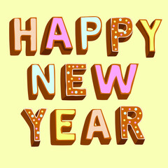 The inscription "Happy New Year" made of homemade cookies with a delicate multicolored glaze on a light yellow background.