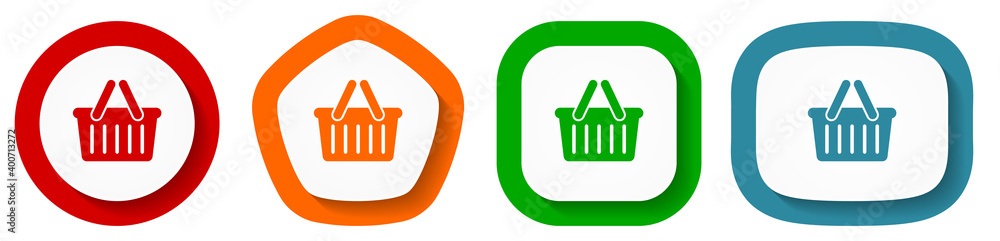 Poster shopping basket vector icon set, flat design buttons on white background