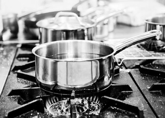 Steel pots, Stainless steel kitchenware Black and White, stove cooking, Utensils for cooking