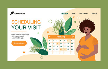 Landing page with a calendar for planning a visit for a consultation with a doctor. African American black pregnant woman book a date for a medical appointment. Vector illustration