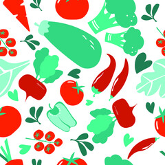 Seamless pattern with hand drawn red and green vegetables. vector illustration