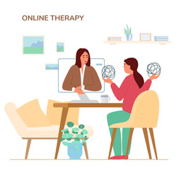 Online Psychotherapy Session Concept.Woman Talking About Her Problems To Woman Psychologist By Videoconference.  Flat Vector Illustration. 