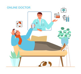 Online Doctor Consultation Concept. Sick Man Laying On The Sofa Holding Smartphone Talking To Doctor By Videoconference.  Medical Icons Of Symptomes And Prescriptions. Flat Vector Illustration. 