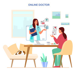Online Doctor Consultation Concept. Woman Sitting At Desk At Home Talking To Doctor By Videoconference. Symptomes and Prescriptions Icons. Flat Vector Illustration. 