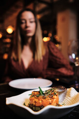 Close-up of gourmet meal plate.