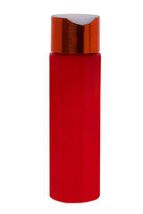 Close-up of a red plastic bottle for shampoo or soap, cream, serum, skin care or other cosmetic and beauty products without label isolated on a white background. Macro.