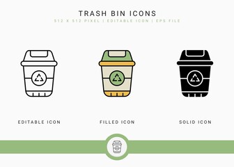 Trash bin icons set vector illustration with solid icon line style. Recycle garbage basket concept. Editable stroke icon on isolated background for web design, infographic and UI mobile app.