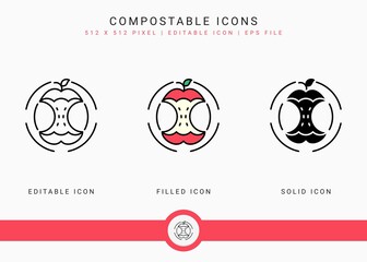 Compostable icons set vector illustration with solid icon line style. Bio decompose concept. Editable stroke icon on isolated background for web design, infographic and UI mobile app.