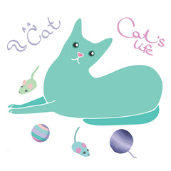 vector illustration of a green cat. cute cat with his toys.