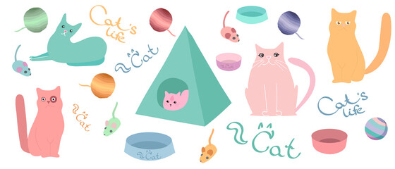 vector set of cute multicolored cats. Cat houses and toys.