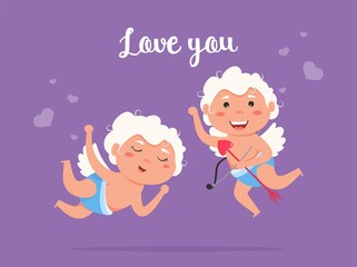 Valentine Cupid love playfully angel. Cute boy and girl couple. Flying angel love shoots bow.