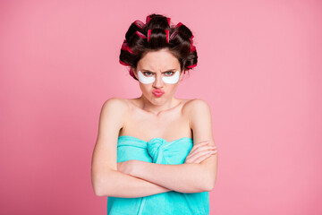 Photo of offended girl grimace cross hands eye patches wear blue towel isolated pastel color background