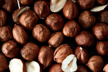Close up of Hazelnut kernels - Food Frame Background, macro detailed close up.