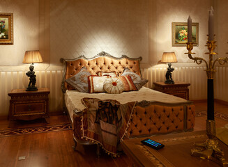 Showroom exhibited modern production furniture in classical period style arranged in a lavishly decorated interiors.